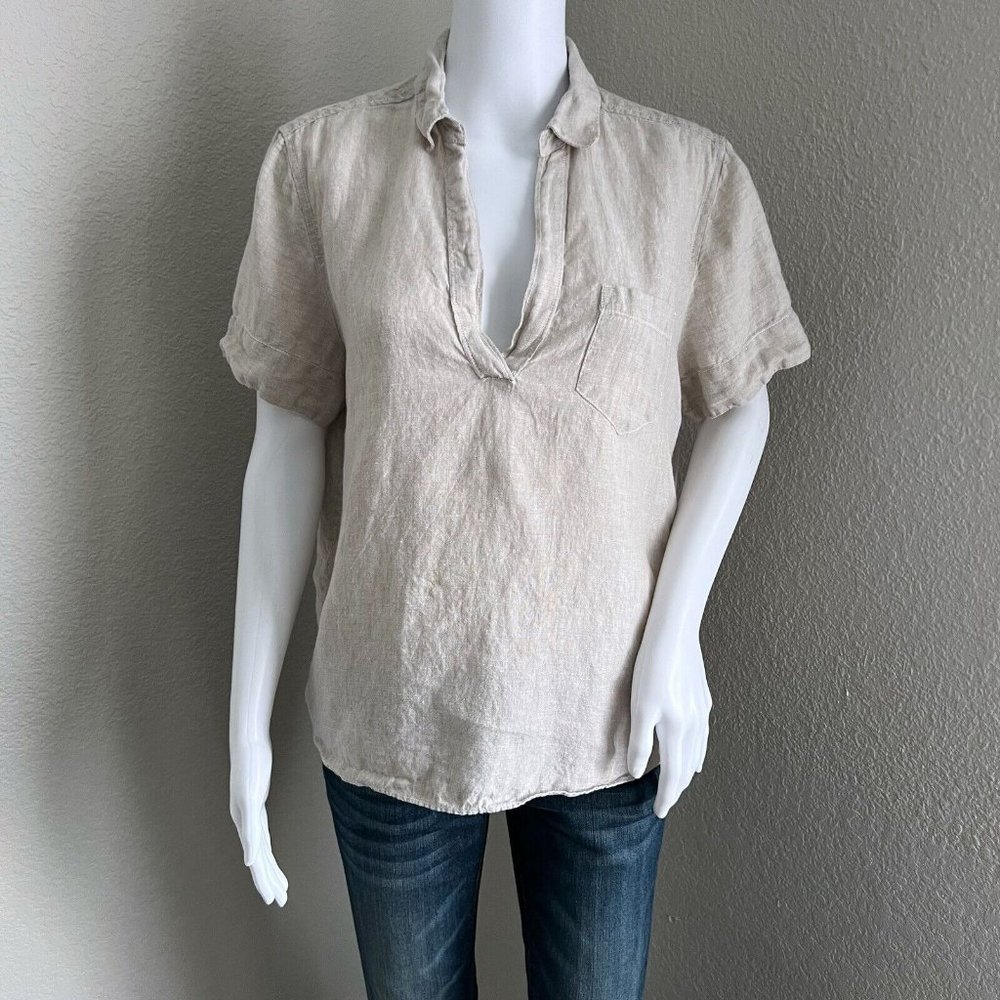 J. Crew Women Beauchamps Linen Popover Blouse Size S Beige Oatmeal Short Sleeve - Picture 2 of 9